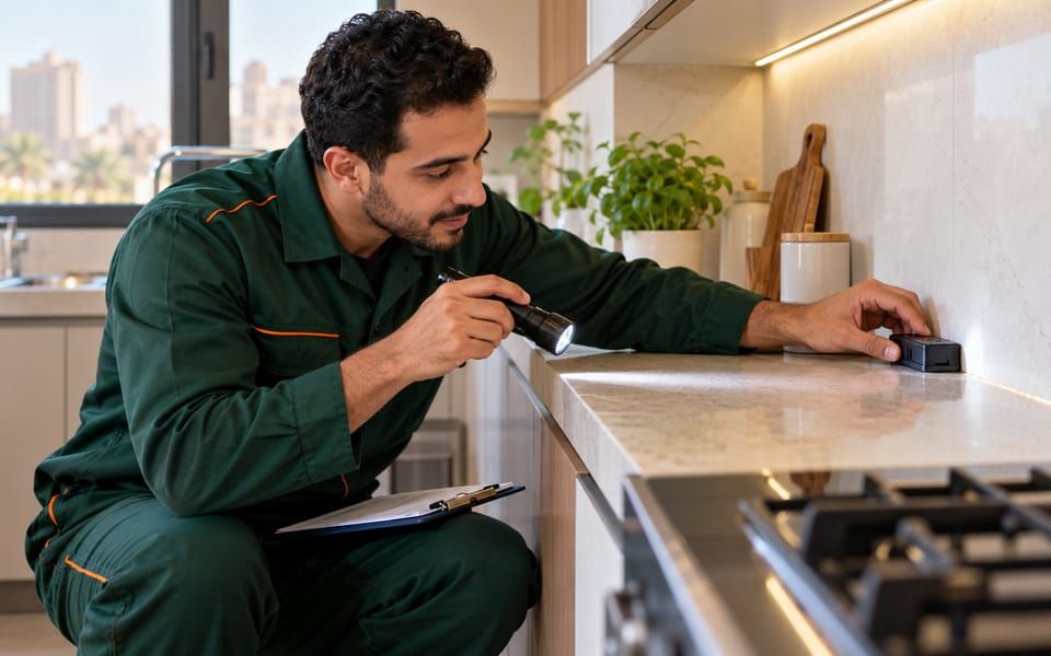 Illustrative photo of a technician without a face mask placing ant bait in a kitchen