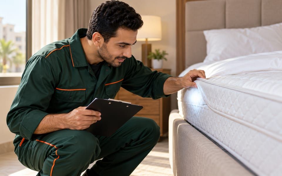 صورة توضيحية لفني بزي أخضر قاعد جنب السرير، بيرفع طرف المرتبة ويفحص خياطتها وفي إيده كليبورد