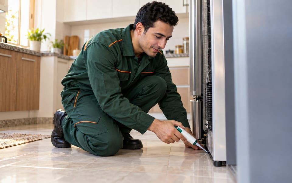 Illustrative photo of a technician, without a face mask, applying cockroach gel behind a fridge