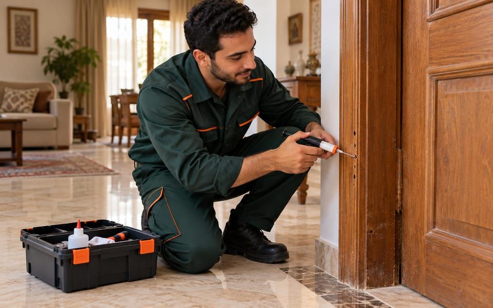 Illustrative photo of a technician without a mask treating woodworm holes in a door