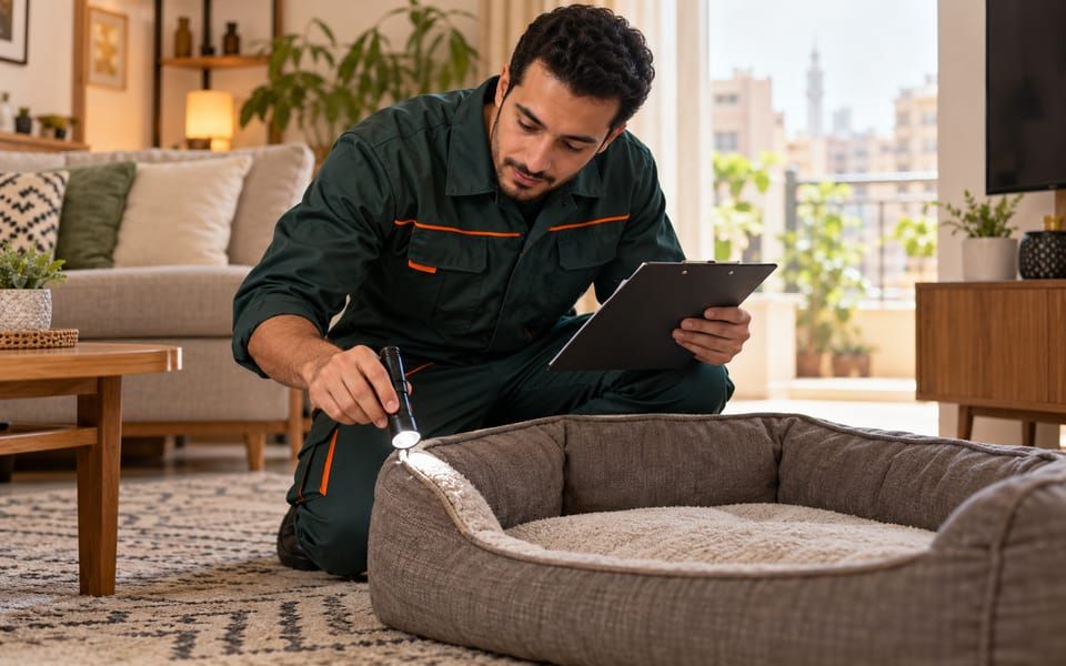 Illustrative photo of a technician, without a face mask, inspecting a pet bed